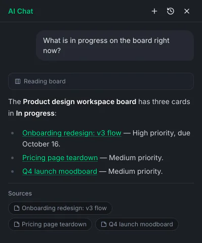 Ask AI listing the notes in progress on the board, with links to its sources