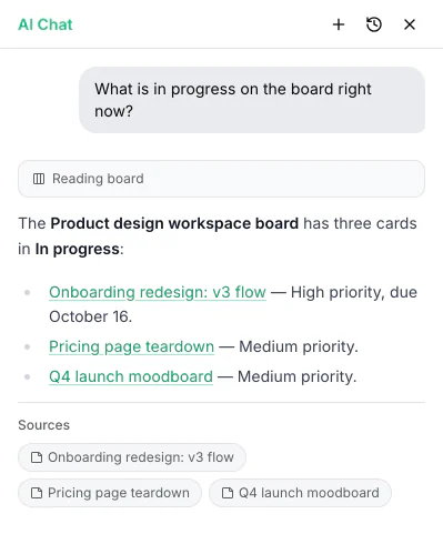 Ask AI listing the notes in progress on the board, with links to its sources